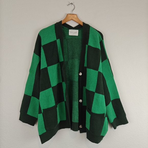 Panache Apparel Girl Crush Oversized Cardigan In Green Checkered Size LG - Picture 5 of 16
